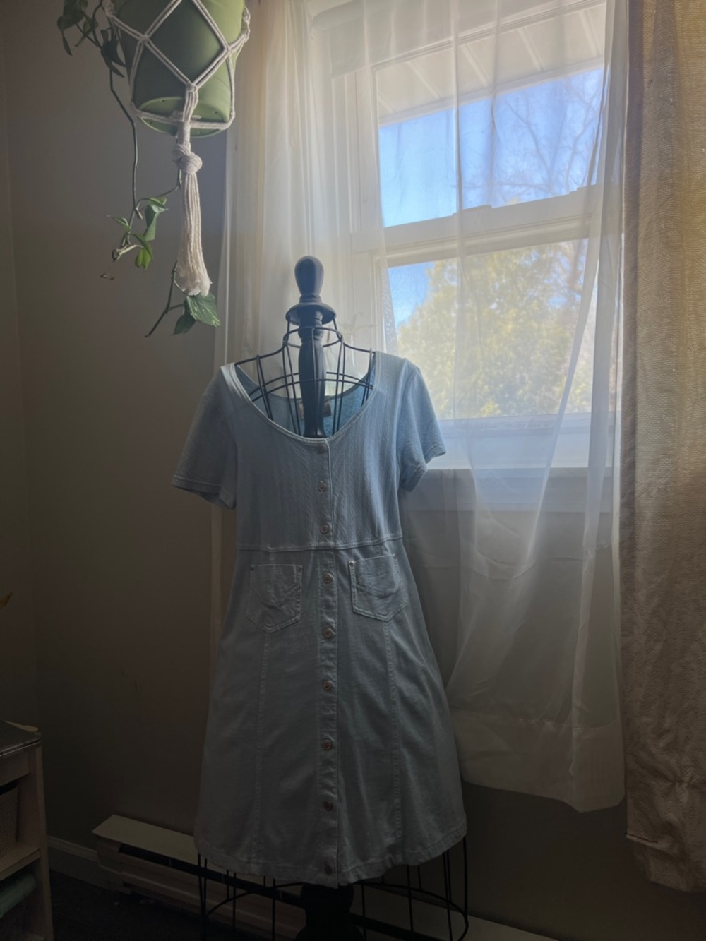 Light Blue Button-Front Short Sleeve Dress